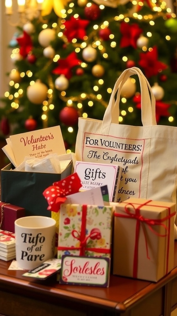 Thoughtful Christmas Volunteer Gift Ideas A collection of Christmas gifts for volunteers, featuring mugs, tote bags, and gift cards, surrounded by holiday decorations.